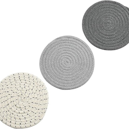 Potholders Set Trivets Set 100% Pure Cotton Thread Weave Hot Pot Holders Set (Set of 3) Stylish Coasters, Hot Pads, Hot Mats,Spoon Rest For Cooking and Baking by Diameter 7 Inches (Gray)