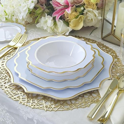 " OCCASIONS " 120 Plates Pack,(60 Guests) Heavyweight Wedding Party Disposable Plastic Plates Set -60 x 10.5'' Dinner + 60 x 8'' Salad/Dessert Plate (Imperial in White/Blue & Gold)