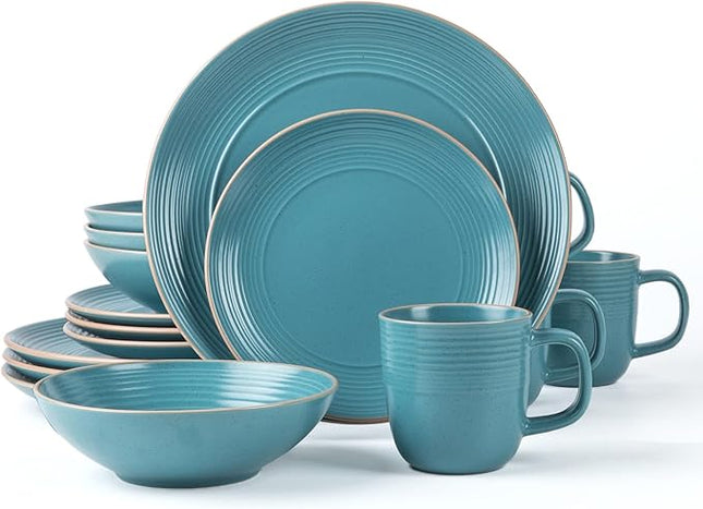 RINGAR Round Stoneware 16pc Dinnerware Set of 4, Dinner Plates, Side Plates, Cereal Bowls, Mugs - Speckle Matte Turquoise (428693)
