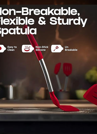 Silicone Spatula Set - Turner Spatulas Silicone Heat Resistant 600°F - Slotted & Solid Spatula for Cooking Fish, Eggs, Pancakes Flipper – Spatulas for kitchen use – Red