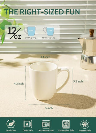 Sweese Porcelain Mugs - 12 Ounce for Coffee, Tea, Mocha and Mulled Drinks - Set of 6, White