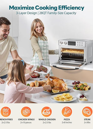 28QT Air Fryer Toaster Oven Combo, Large 12-in-1 Convection Countertop Oven with 3-Layer Cooking, Rotisserie for Chicken, 6 Heating Tubes, Fast Preheat, Fit 11" Pizza, All Accessories, Stainless Steel