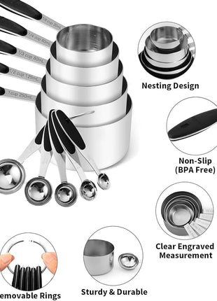 Joyhill Stainless Steel Measuring Cups and Spoons Set of 10 Piece, Nesting Metal Measuring Cups Set with Soft Touch Silicone Handles for Dry and Liquid Ingredients, Cooking & Baking (Black)