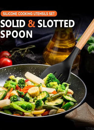 Large Silicone Cooking Spoons, 2 Pack Nonstick Solid and Slotted Wooden handle Spoon Set, Heat Resistan Silicone Kitchen Spoons for Cooking, Serving, Basting, Mixing (Black)