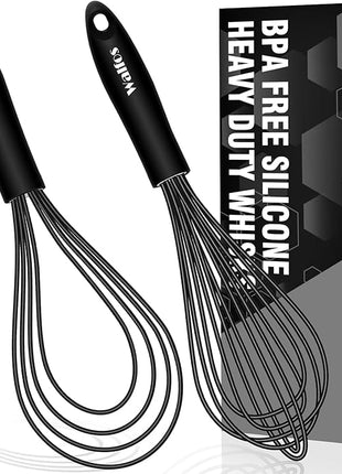 Walfos Whisk 11inch Flat Whisks and 10inch Balloon Whisk Combo,Silicone whisks for cooking,Non Scratch Coated Wisk,Suitable for Ceramic Coated pans and Wider shallower pots.(2pcs black)