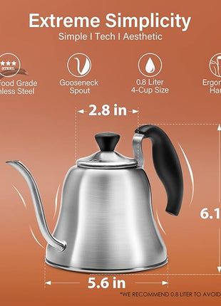 Coffee Kettle for Stove Top Premium Gooseneck Kettle, Pour Over Coffee Tea Pot, Stovetop Teapot, Hot Water Heater for Camping, Home & Kitchen, Stainless Steel - Small 28oz, Brushed