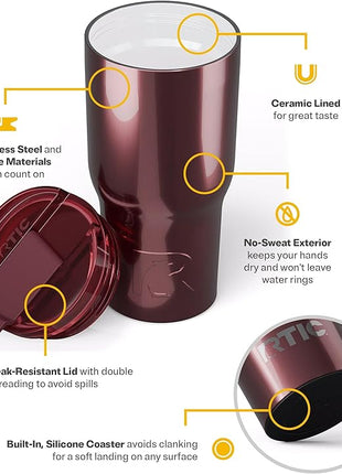 RTIC 20oz Essential Tumbler with Lid, Ceramic Lined, Insulated, Stainless Steel, Metal, Double Wall Vacuum-Insulation, Travel Cup for Iced Coffee, Tea, Hot and Cold Drink, Vintage Rose Metallic