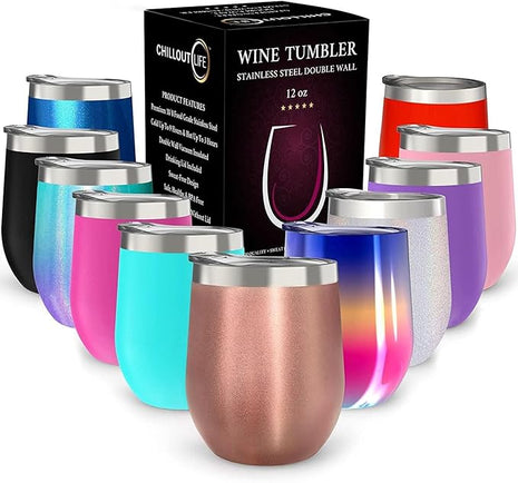 CHILLOUT LIFE 12 oz Stainless Steel Wine Tumbler with Lid - Double Wall Vacuum Insulated Wine Cup Glass Keeping Cold & Hot for Coffee, Champagne, Cocktails, Ice Cream - Rose Gold