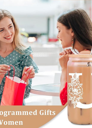 Coolife Initial Glass Cup, Monogrammed Gifts for Women, 16 oz Glass Cups w/Lids Straws, Iced Coffee Smoothie Beer Tumbler w/Straw Lid - Personalized Christmas, Birthday Gifts for Her Mom Friend Woman