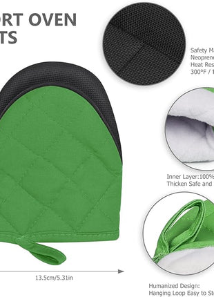 1 Pair Short Oven Mitts - Silicone Kitchen Oven Gloves High Heat Resistant 500℉, Mini Oven Mits with Non-Slip Grip Surfaces and Hanging Loop for BBQ, Baking, Cooking and Grilling (Green)