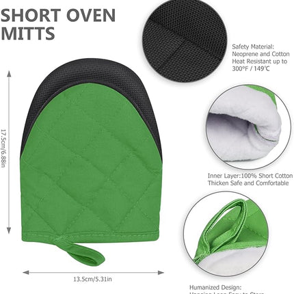 1 Pair Short Oven Mitts - Silicone Kitchen Oven Gloves High Heat Resistant 500℉, Mini Oven Mits with Non-Slip Grip Surfaces and Hanging Loop for BBQ, Baking, Cooking and Grilling (Green)