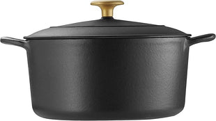 Tramontina Bestow Enameled Cast Iron Dutch Oven Pot with Lid, Round 5.5-quart, Matte Black with Gold Knob