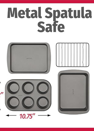 GoodCook 4-Piece Nonstick Steel Toaster Oven Set with Sheet Pan, Rack, Cake Pan, and Muffin Pan, Gray, 4-Piece Set Distributes Heat Evenly, Nonstick Coating, Dishwasher-Safe