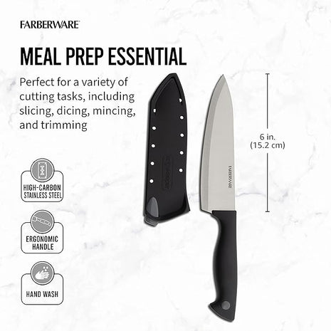 Farberware Edgekeeper 6-Inch Chef Knife with Self-Sharpening Blade Cover, High Carbon-Stainless Steel Kitchen Knife with Ergonomic Handle, Razor-Sharp, Black (Pack of 12)