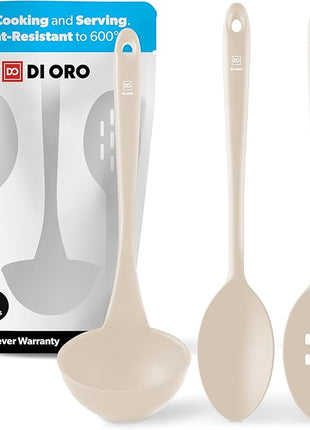 DI ORO Silicone Ladle & Spoons for Cooking – Large Kitchen Spoons for Mixing, Serving, & Stirring - Soup Ladle with Wide Bowl - High Heat Silicone Kitchen Utensils for Nonstick Cookware Safe (Clay)