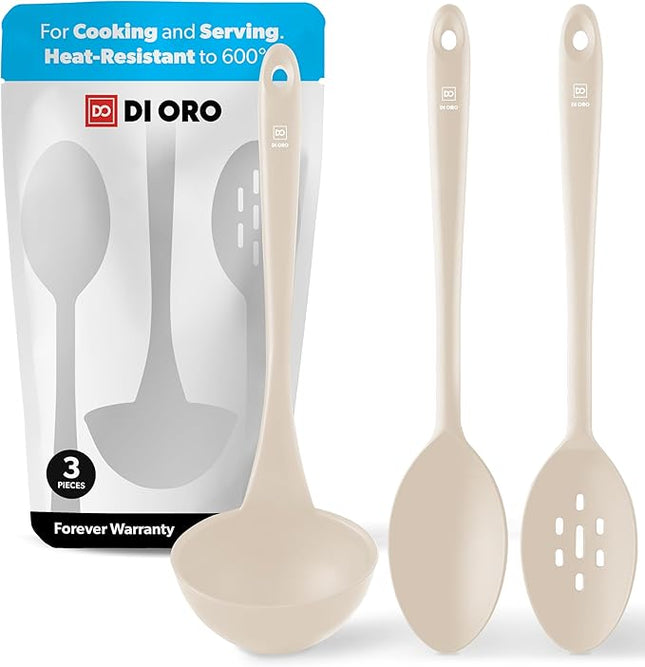 DI ORO Silicone Ladle & Spoons for Cooking – Large Kitchen Spoons for Mixing, Serving, & Stirring - Soup Ladle with Wide Bowl - High Heat Silicone Kitchen Utensils for Nonstick Cookware Safe (Clay)