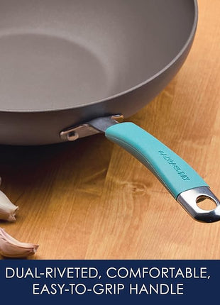 Rachael Ray Cucina Hard-Anodized Nonstick Covered Stir Fry Pan, 11-Inch, Gray, Agave Blue Handles