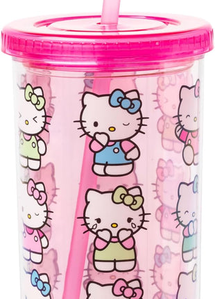 Silver Buffalo Sanrio Hello Kitty Expressions Poses Plastic Cold Cup with Lid and Straw, 20 Ounces
