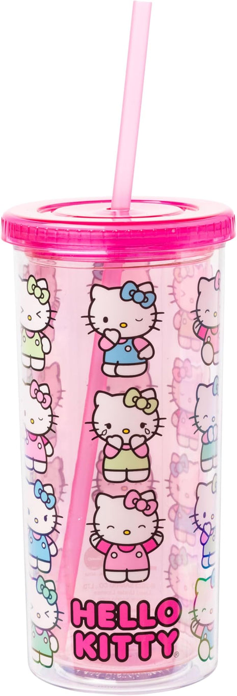 Silver Buffalo Sanrio Hello Kitty Expressions Poses Plastic Cold Cup with Lid and Straw, 20 Ounces