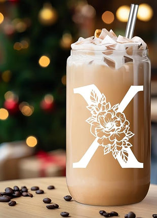 Coolife Initial Glass Cup, Monogrammed Gifts for Women, 16 oz Glass Cups w/Lids Straws, Iced Coffee Smoothie Beer Tumbler w/Straw Lid - Personalized Christmas, Birthday Gifts for Her Mom Friend Woman