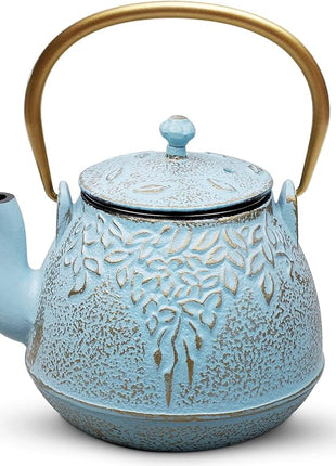 Tea Kettle, TOPTIER Japanese Cast Iron Tea Kettle with Infuser for Loose Leaf and Tea Bags, Stovetop Safe Cast Iron Teapot Coated with Enameled Interior for 40 oz (1200 ml), Turquoise Blue