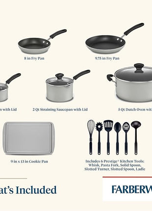 Farberware Cookstart DiamondMax Nonstick Cookware/Pots and Pans Set, Dishwasher Safe, Includes Baking Pan and Cooking Tools, 15 Piece - Silver
