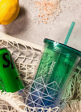 bzyoo SIP 24oz (710ml) Double Wall Plastic Tumbler with Lid and Straw Cold Drink Travel Mug Party Reusable Cup For Office Outdoor Dining Gift For Him & Her (Blue & Green)