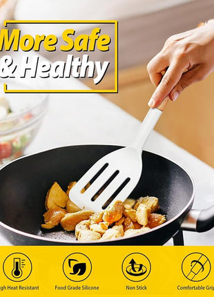 Pack of 2 Silicone Cooking Spatula, Heat Resistant Solid Turner, Non Stick Slotted Spatulas with Wooden Handle,Ideal Wood Kitchen Utensils Set for Frying, Baking, Flipping, Turning (WHITE)