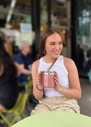 CHILLOUT LIFE Stainless Steel 16 oz - Vacuum Insulated Coffee Mug with Handle and Lid, Large Thermal Camping Coffee Mug Cup with Durable Sliding Lid for Women - Rose Gold