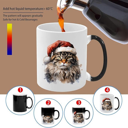 Caliamary Heat Changing Mug, Funny Cat Heat Changing Ceramic Coffee Mug, 11 oz Heat Sensitive Color Changing Coffee Mug Cup, Cute Xmas Gift Mug for Women Men Kids… (Brown cat)