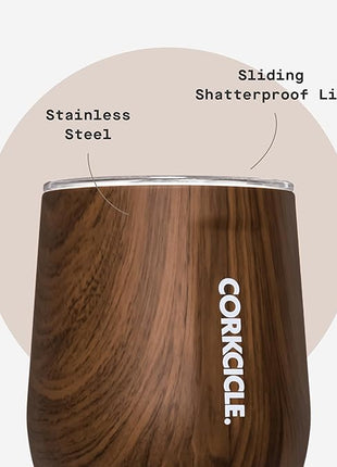 Corkcicle Stemless Insulated Wine Glass Tumbler - Keeps Beverages Cold 6 Hrs Hot 3 Hrs - Stainless Steel - Easy-Grip - Summer Drinkware Gift - Keeps Drinks Ice Cold - 12 oz - Walnut Wood