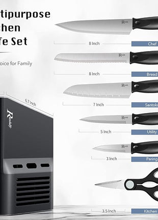 Kitchen Knife Set with Block, 7 Pieces Chef Knife Set with Knives, Scissor, Block for Meat/Vegetables/Fruits Chopping, Slicing, Dicing&Cutting