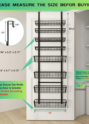 Over The Door Pantry Organizer, Pantry Organization and Storage, 8-Tier Deep Baskets Hanging Heavy-Duty Metal, Wall Spice Rack Seasoning Shelves for Home & Kitchen, Laundry Room Bathroom, Black