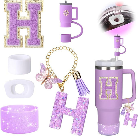 Mity rain 6PCS Cup Accessories Set for Stanley Cup 30oz 40oz tumbler with handle, Including Silicone Straw Topper Cover Cap and Boot, Spill Proof Stopper, Handle Charm, Initials Sticker (Letter H)