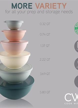 COOK WITH COLOR Mixing Bowls with TPR Lids - 12 Piece Plastic Nesting Bowls Set includes 6 Prep Bowls and 6 Lids, Microwave Safe (Teal)