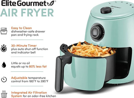 Elite Gourmet EAF-0201BL Personal Compact Space Saving Electric Hot Air Fryer Oil-Less Healthy Cooker, Timer & Temperature Controls, 1000W, 2.1 Quart, Mint