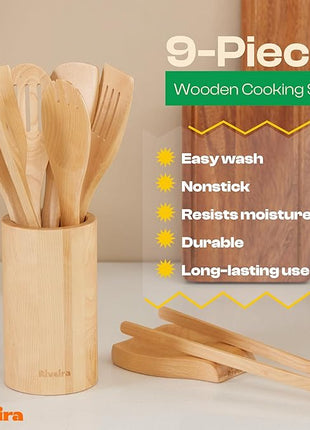 Riveira Maple Wooden Cooking Utensils Set of 9 Premium Quality Non-Toxic Wooden Spoons & Spatulas for Cooking, Stirring, Serving & Flipping