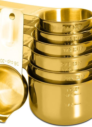 Set of 7 Heavy Duty Measuring Cups, 18/8 Stainless Steel with Ring Connector, Gold