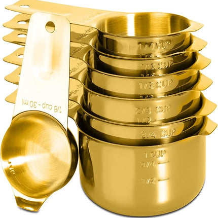 Set of 7 Heavy Duty Measuring Cups, 18/8 Stainless Steel with Ring Connector, Gold