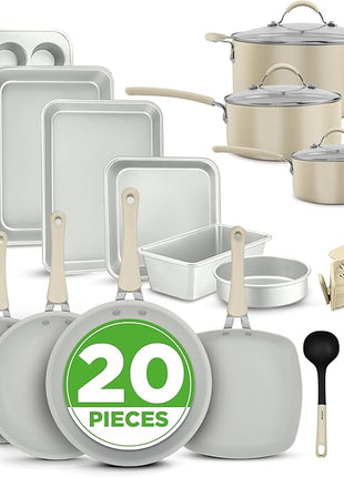 NutriChef 20-Piece Non-Stick Bakeware and Cookware Set - Utensils Including Pots and Baking Pans Made with Durable Aluminum, Tempered Glass Lids, Heat-Resistant Utensils, Easy-Clean Design (White)