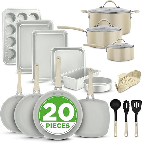 NutriChef 20-Piece Non-Stick Bakeware and Cookware Set - Utensils Including Pots and Baking Pans Made with Durable Aluminum, Tempered Glass Lids, Heat-Resistant Utensils, Easy-Clean Design (White)