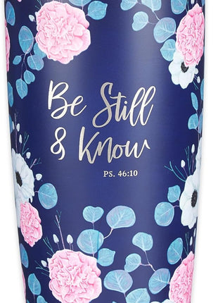 Christian Art Gifts Stainless Steel Double-Wall Vacuum Insulated Travel Mug 18 oz Navy Blue with Pink Floral Tumbler with Lid for Women with Inspirational Bible Verse - Be Still & Know -Psalm 46:10
