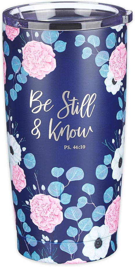 Christian Art Gifts Stainless Steel Double-Wall Vacuum Insulated Travel Mug 18 oz Navy Blue with Pink Floral Tumbler with Lid for Women with Inspirational Bible Verse - Be Still & Know -Psalm 46:10