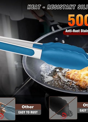 Walfos Kitchen Tongs - 7" 9" and 12" Heat Resistant Food tongs, Thickened Stainless Steel and BPA Free Silicone Tips, Great for Cooking, Grilling, Turning, Dishwasher safe(3 blue silicone tongs)