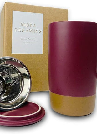 Mora Ceramics Large Tea Mug with Loose Leaf Infuser and Ceramic Lid, 18 oz, Portable, Microwave and Dishwasher Safe, Tall Coffee Cup - Rustic Matte Ceramic Glaze, Modern Herbal Tea Strainer, Merlot