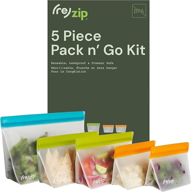 (re) zip 5-Piece Stand-Up Pack n Go Reusable Bag Kit, BPA-Free, Food Grade, Leakproof, Freezer and Dishwasher Safe, Quart (1), 2-Cup (2), Snack (2) - Multicolor
