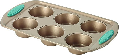 Rachael Ray Cucina Bakeware Set Includes Nonstick Cake Cookie Baking Sheet and Muffin Cupcake Pan, 4 Piece, Latte Brown with Agave Blue Grips