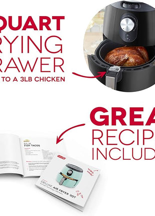 Dash Deluxe Electric Air Fryer + Oven Cooker with Temperature Control, Non-stick Fry Basket, Recipe Guide + Auto Shut off Feature, 1200-Watt, 3 Quart - Black