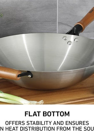Oster Sangerfield 14-Inch Stainless Steel Wok With Wood Handles, Durable Non-Stick Stir Fry Pan for Gas and Electric Stovetops
