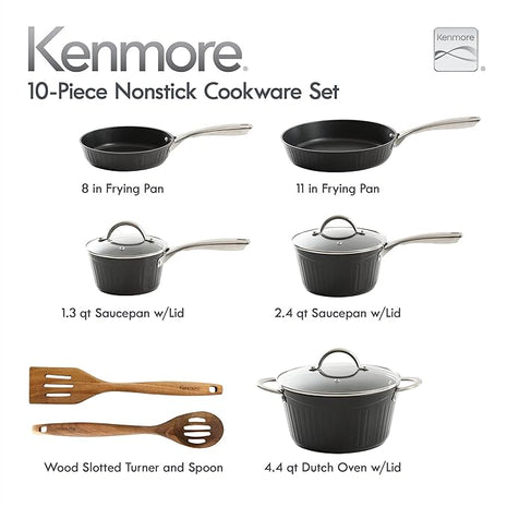 Kenmore Logan Black Stripe 10-Piece Nonstick Aluminum Induction Safe Cookware Set